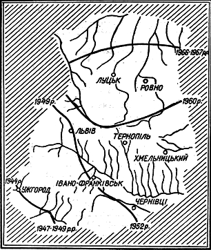 Розширення ареала кільчастої горлиці в 1944 − 1968 роках.