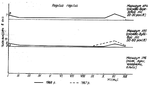 Облік чисельності жовтоголового королька в 1967 − 1968 рр. на трьох двокілометрових маршрутах у Пнівнівському лісництві Волинської області.